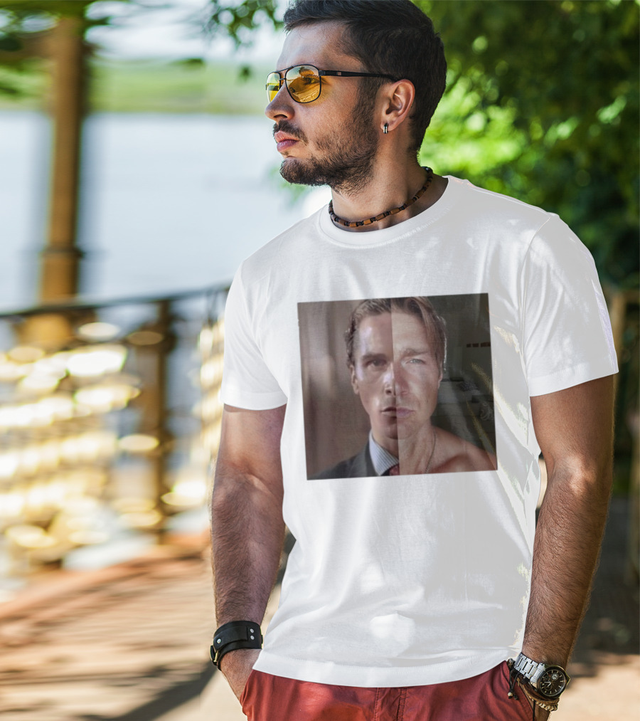 Jeremy Fragrance Compared With Young Christian Bale Face Split Room Background T-Shirt