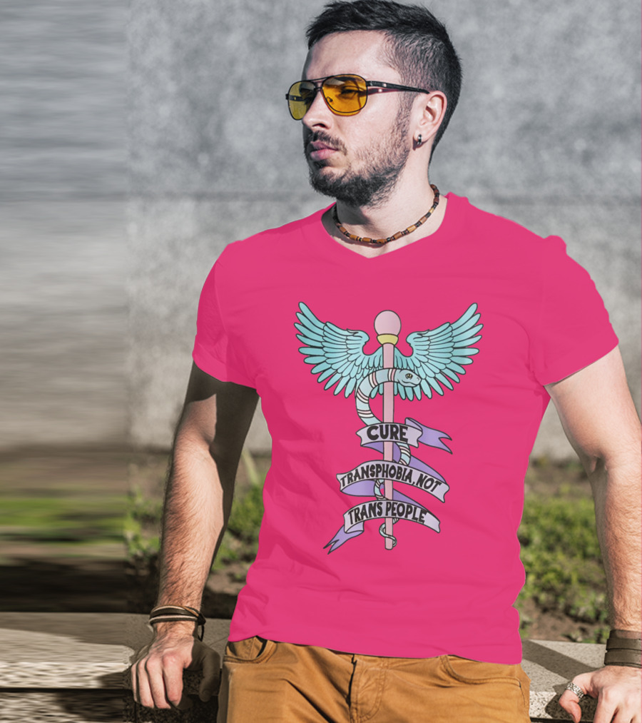 Target Pride Abprallen Cure Transphobia Not Trans People Caduceus Wings Snake Staff T-Shirt