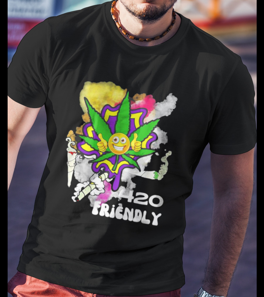 420 Friendly Happy Stoner Leaf With Smiley Face And Colorful Smoke T-Shirt