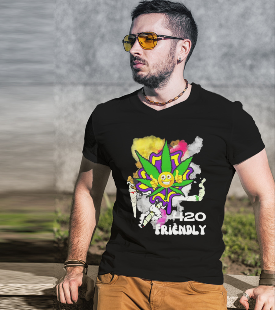 420 Friendly Happy Stoner Leaf With Smiley Face And Colorful Smoke T-Shirt