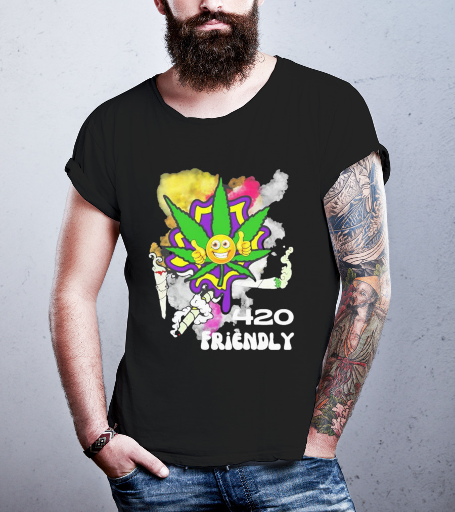 420 Friendly Happy Stoner Leaf With Smiley Face And Colorful Smoke T-Shirt