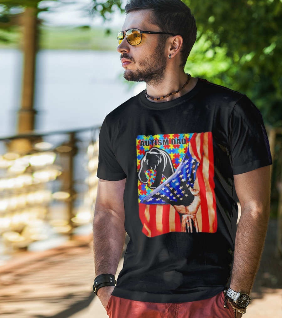 Autism Dad Bear USA Flag Puzzle Awareness T-Shirt