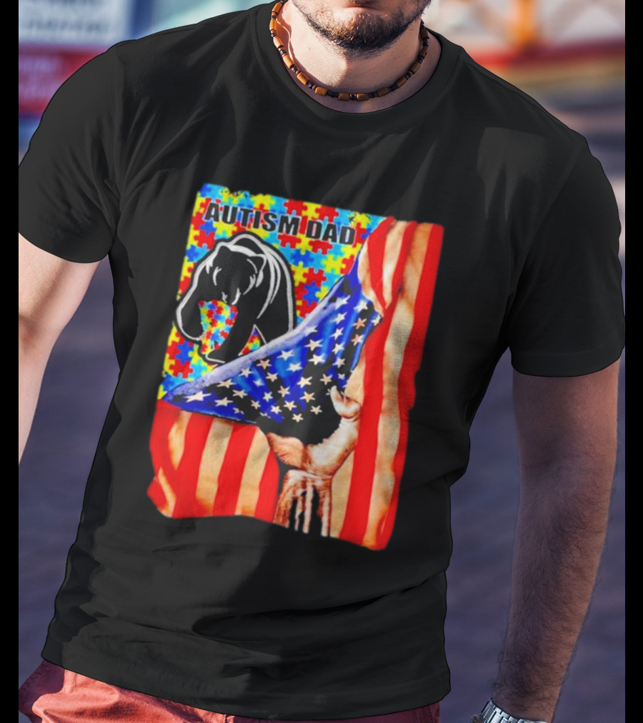 Autism Dad Bear USA Flag Puzzle Awareness T-Shirt