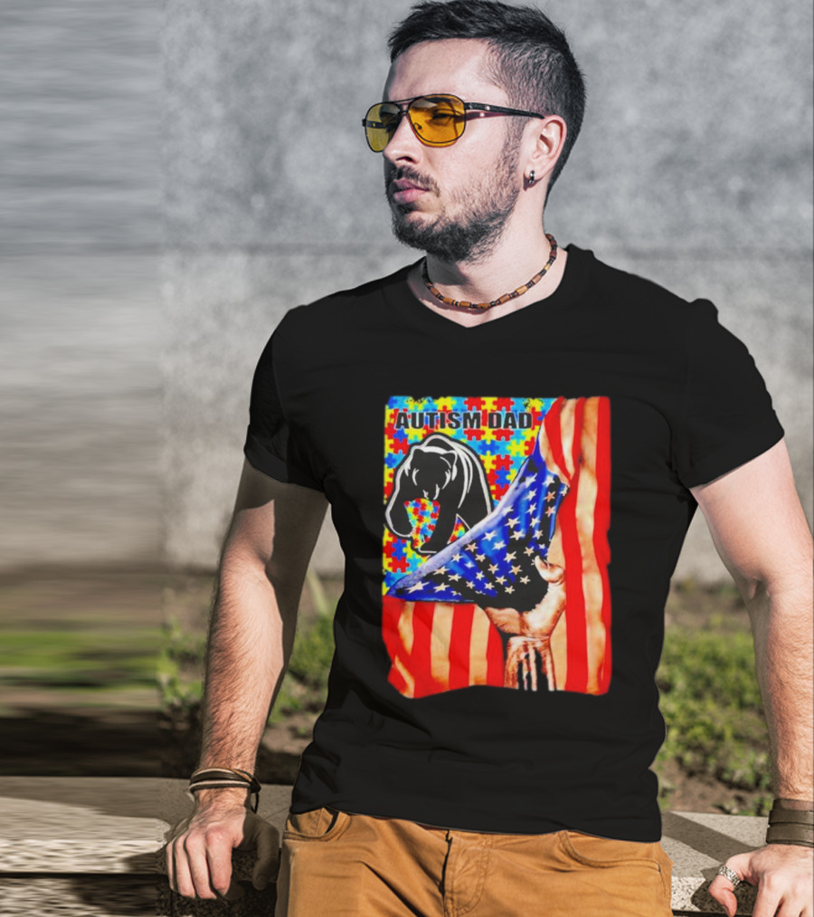 Autism Dad Bear USA Flag Puzzle Awareness T-Shirt