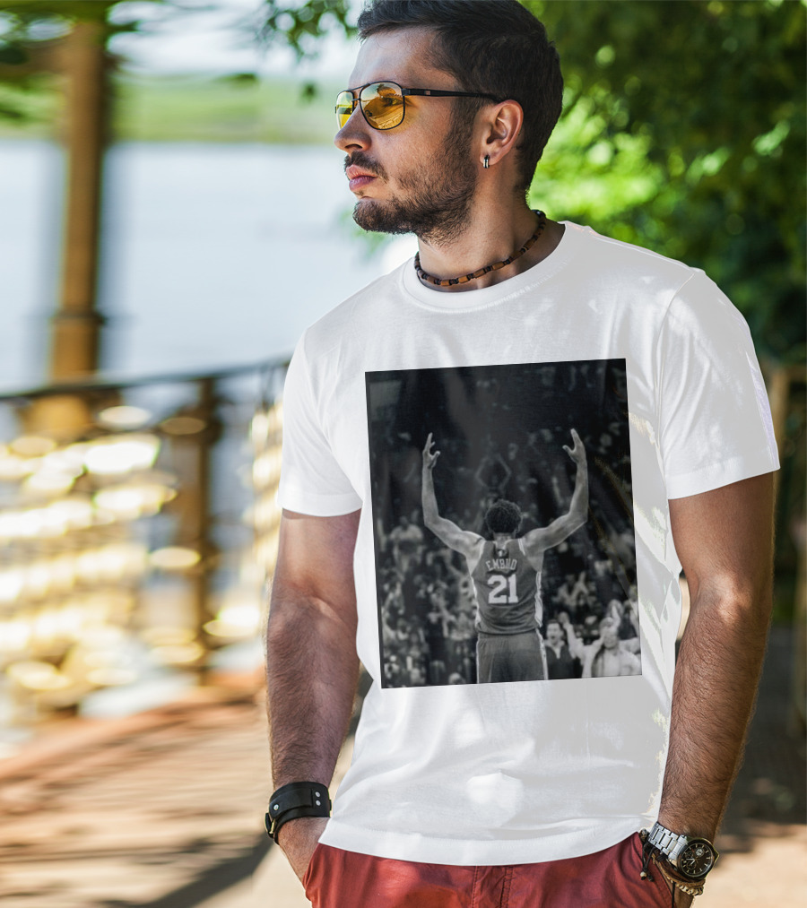 Joel Troel Embiid 21 Basketball Celebration Back View T-Shirt