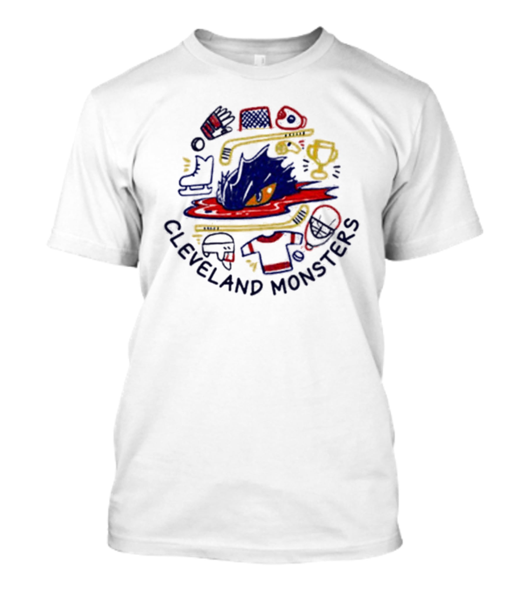 Cleveland Monsters Doodle Hockey Trophy Skates Helmet T-Shirt