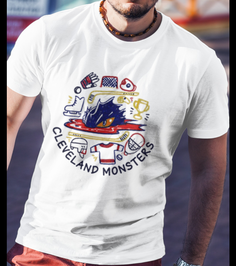 Cleveland Monsters Doodle Hockey Trophy Skates Helmet T-Shirt