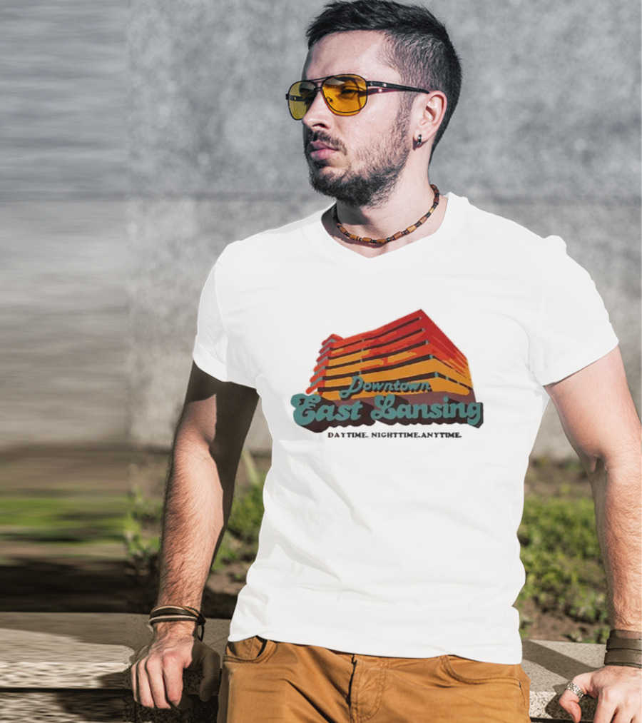 Downtown East Lansing Daytime Nighttime Anytime Retro Skyline T-Shirt