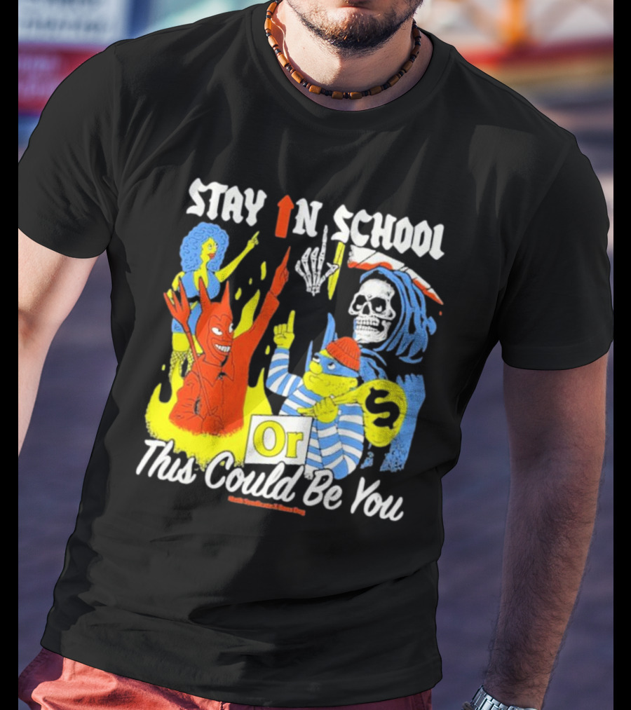 Stay In School Or This Could Be You Red Devil Skeleton Bart Simpson Style Mark Gonzales X Deaton Chris Anthony T-Shirt