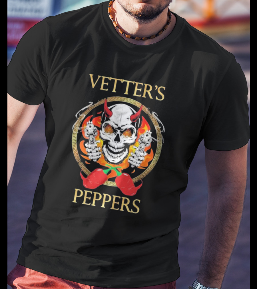 Vetter’s Peppers Skull With Red Horns And Dual Pistols Surrounded By Flames And Chili Peppers T-Shirt