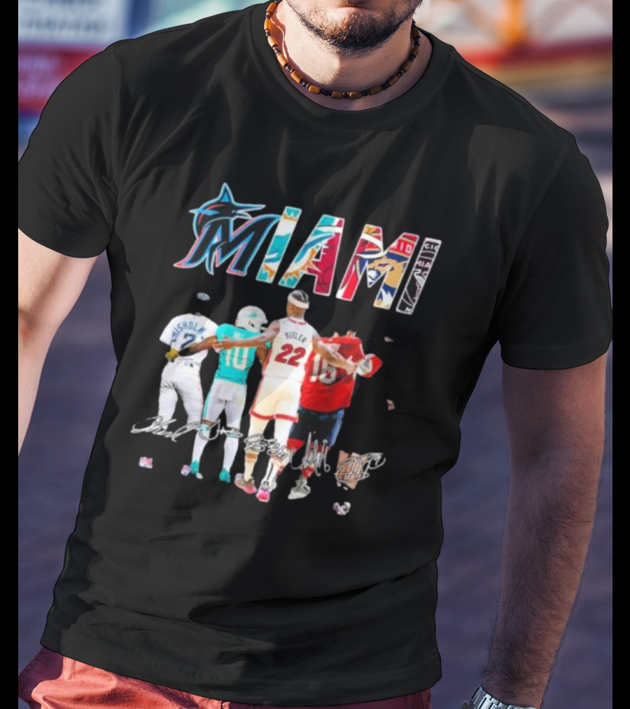 Miami Marlins Dolphins Heat Panthers Players Signatures T-Shirt