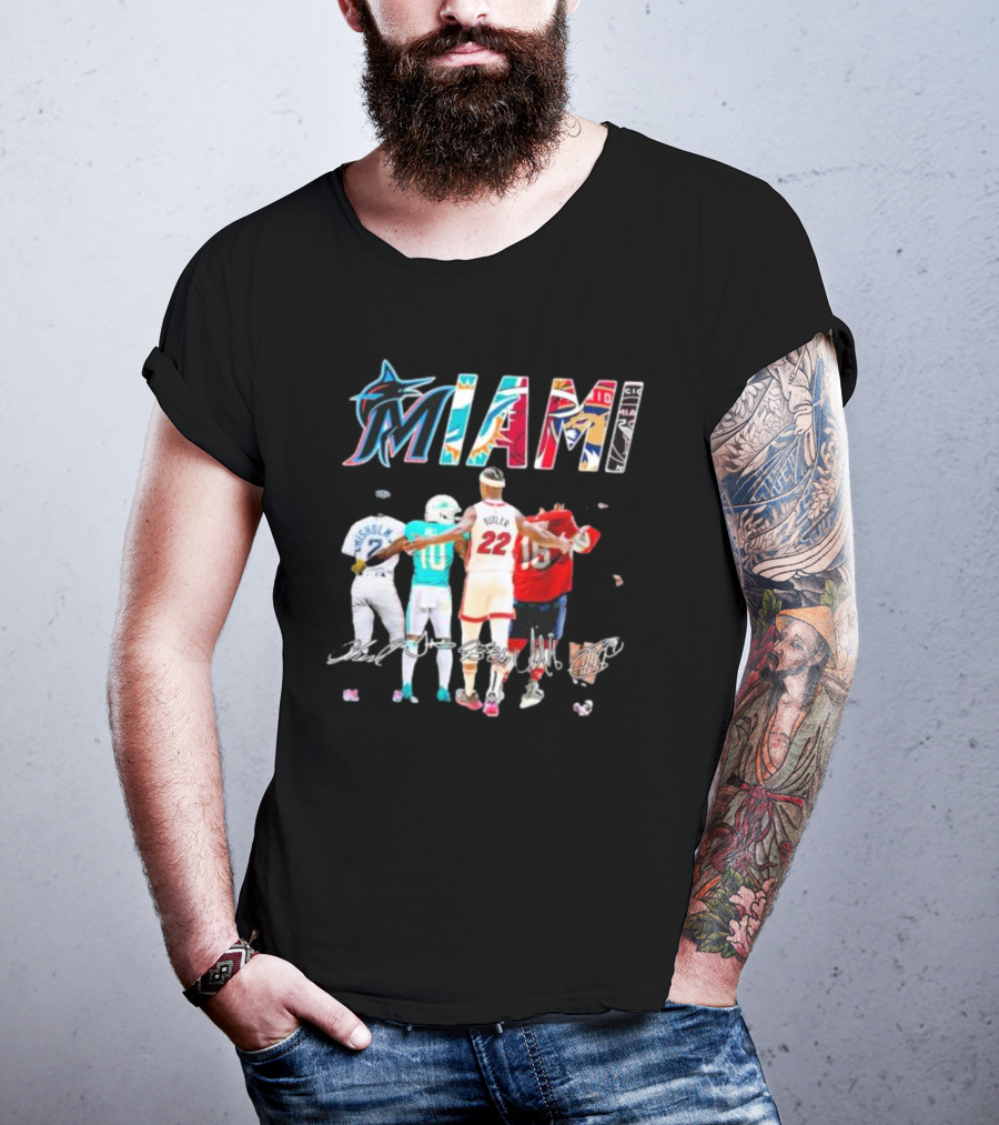 Miami Marlins Dolphins Heat Panthers Players Signatures T-Shirt