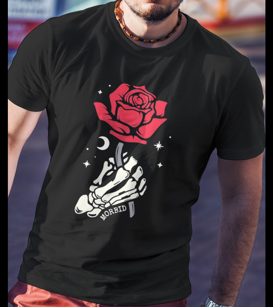 Morbid Skeleton Rose With Crescent Moon And Stars T-Shirt