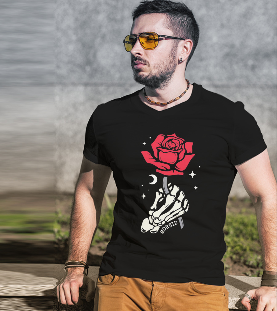 Morbid Skeleton Rose With Crescent Moon And Stars T-Shirt