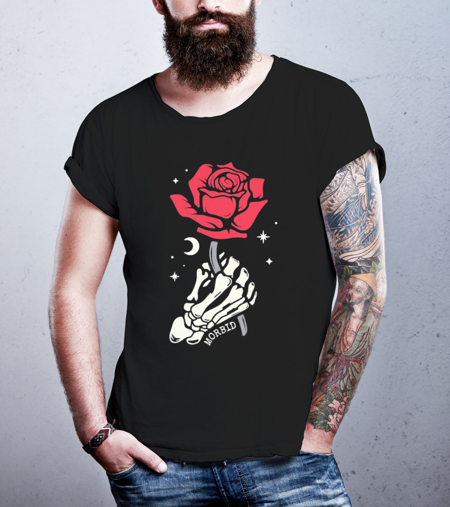 Morbid Skeleton Rose With Crescent Moon And Stars T-Shirt