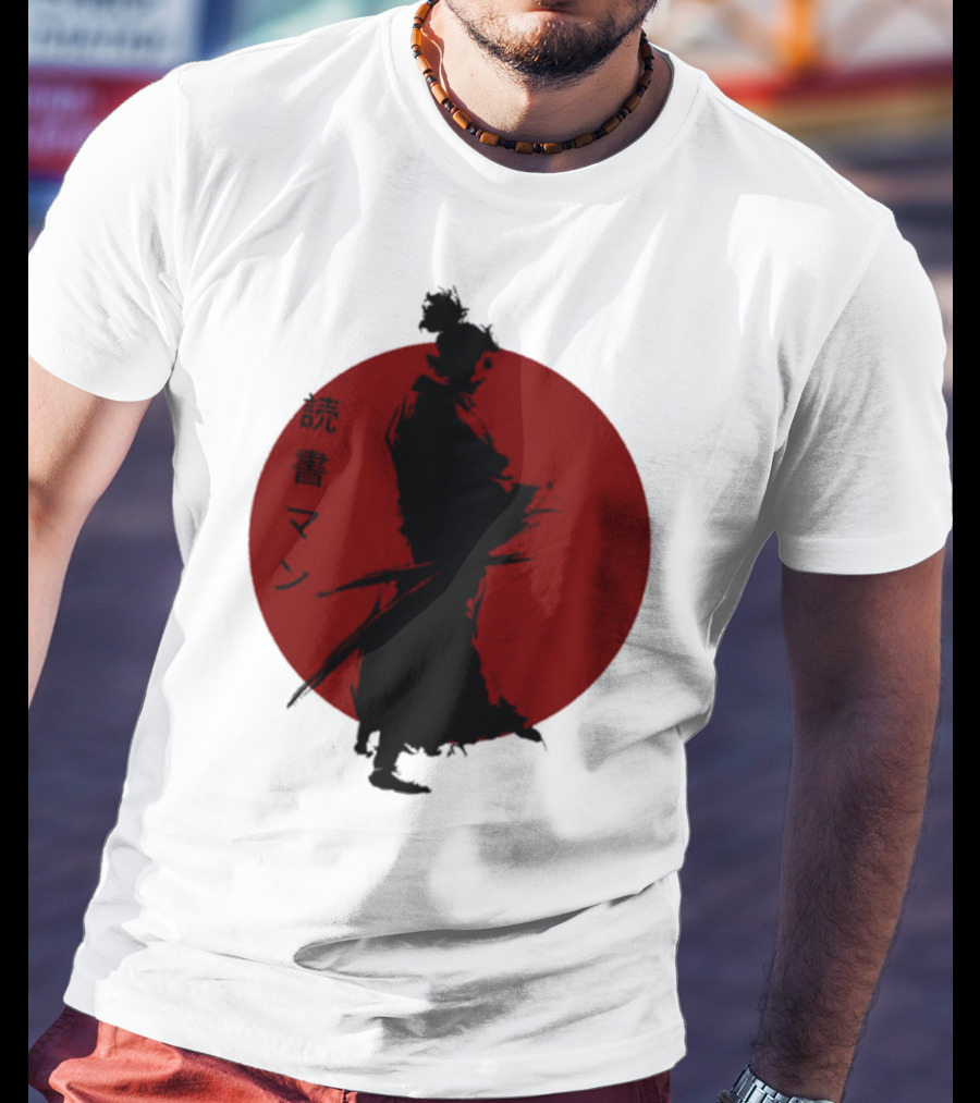 Miyamoto Musashi Samurai Silhouette Red Sun Kanji Reading Man T-Shirt