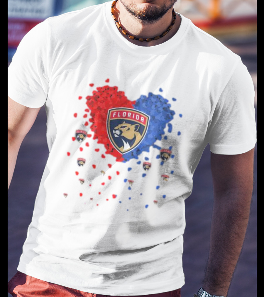 Florida Panthers Heart Logo Red Blue Paws T-Shirt
