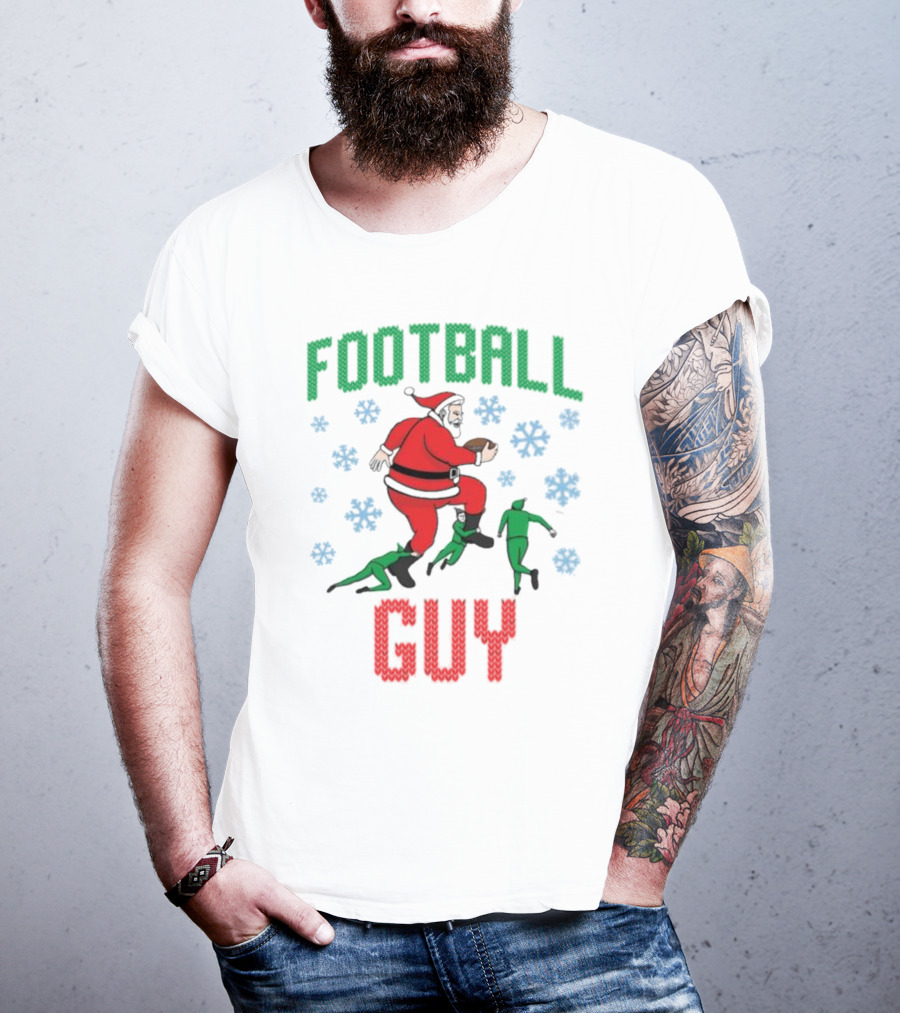 FOOTBALL GUY Santa Running With Football And Snowflakes T-Shirt