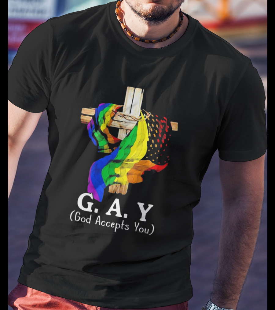 GAY Pride Cross God Accepts You Rainbow Flag T-Shirt