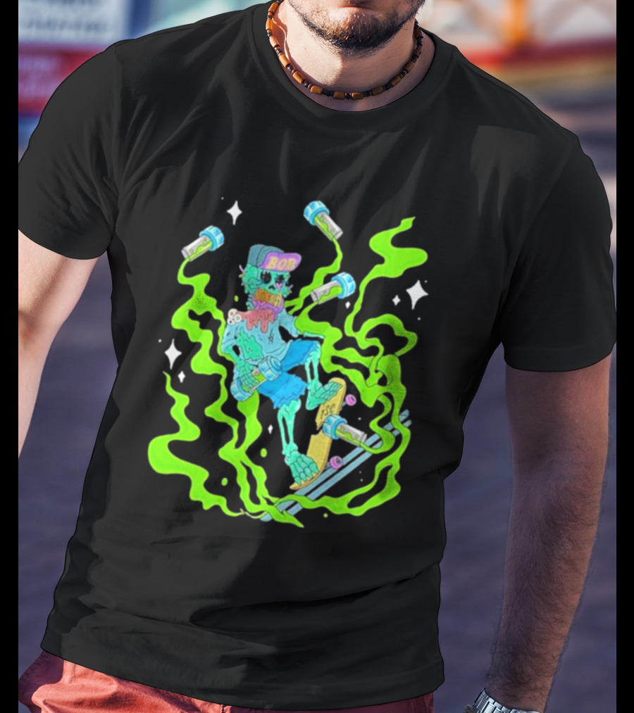 Toxic Skulls Club Bobburnquist Skateboarding Skeleton With Green Smoke And Skateboard T-Shirt