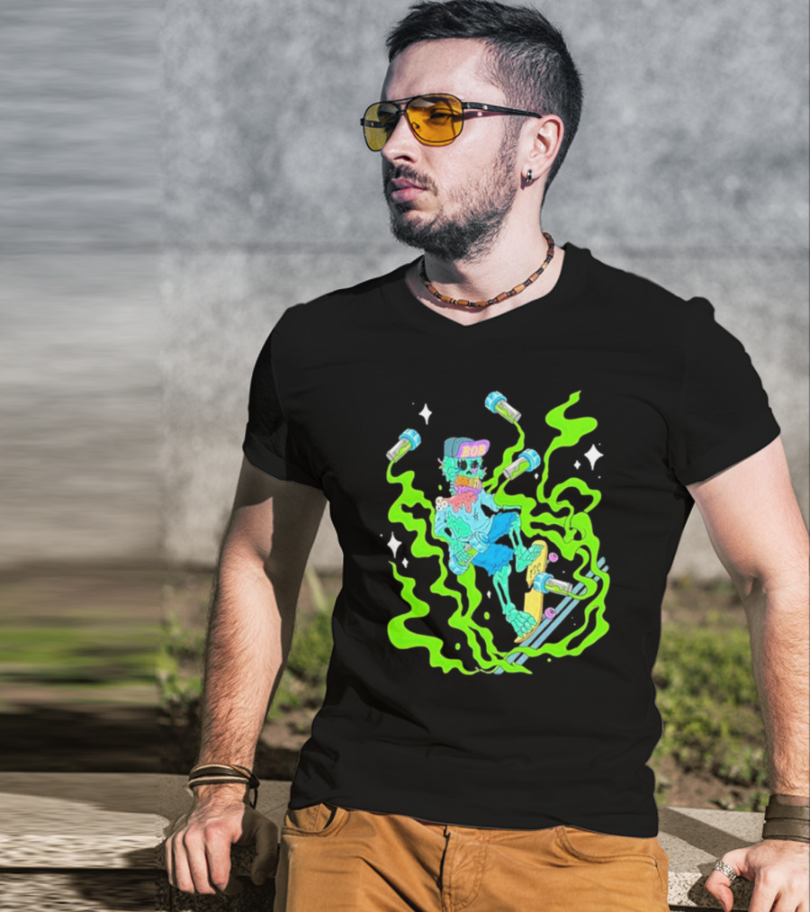 Toxic Skulls Club Bobburnquist Skateboarding Skeleton With Green Smoke And Skateboard T-Shirt