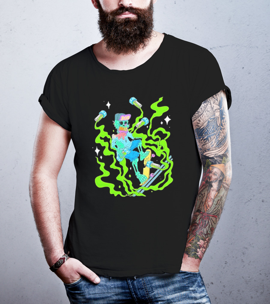 Toxic Skulls Club Bobburnquist Skateboarding Skeleton With Green Smoke And Skateboard T-Shirt