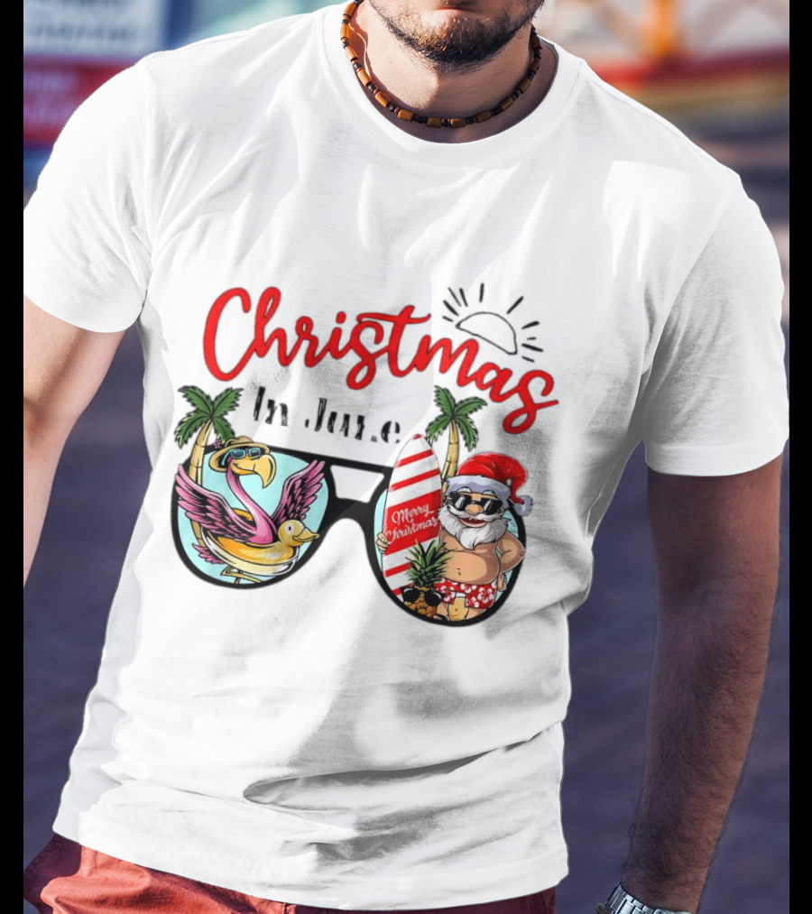 Christmas In June Sunglasses Santa Flamingo Merry Christmas Summer Vacation T-Shirt