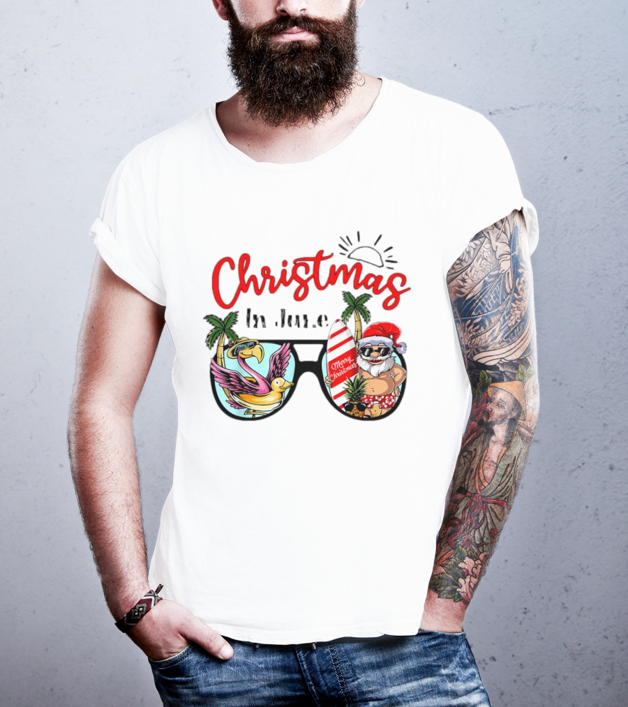Christmas In June Sunglasses Santa Flamingo Merry Christmas Summer Vacation T-Shirt