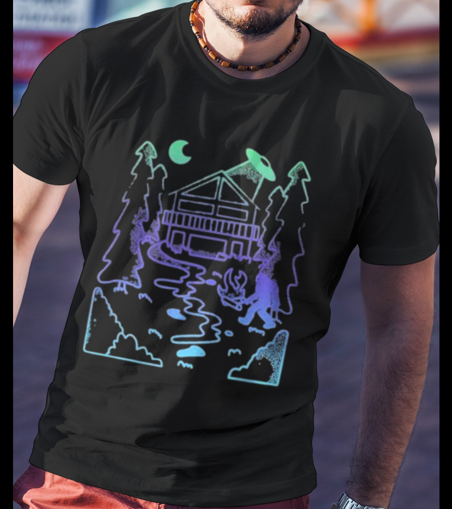 Mile Higher Paranormal Cabin UFO Night Scene T-Shirt