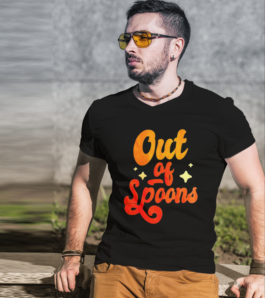 Out Of Spoons Stars Retro Orange Text T-Shirt
