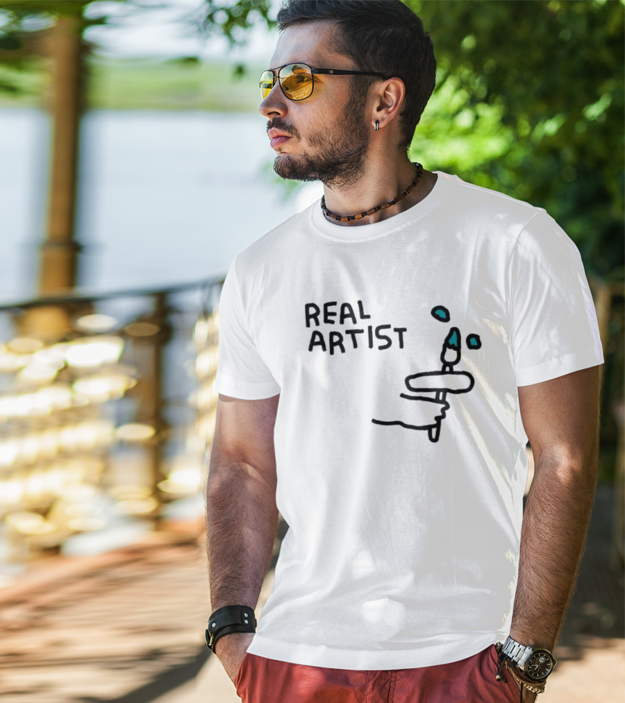 REAL ARTIST Paint Brush Hand Drawing Blue Paint Drops T-Shirt