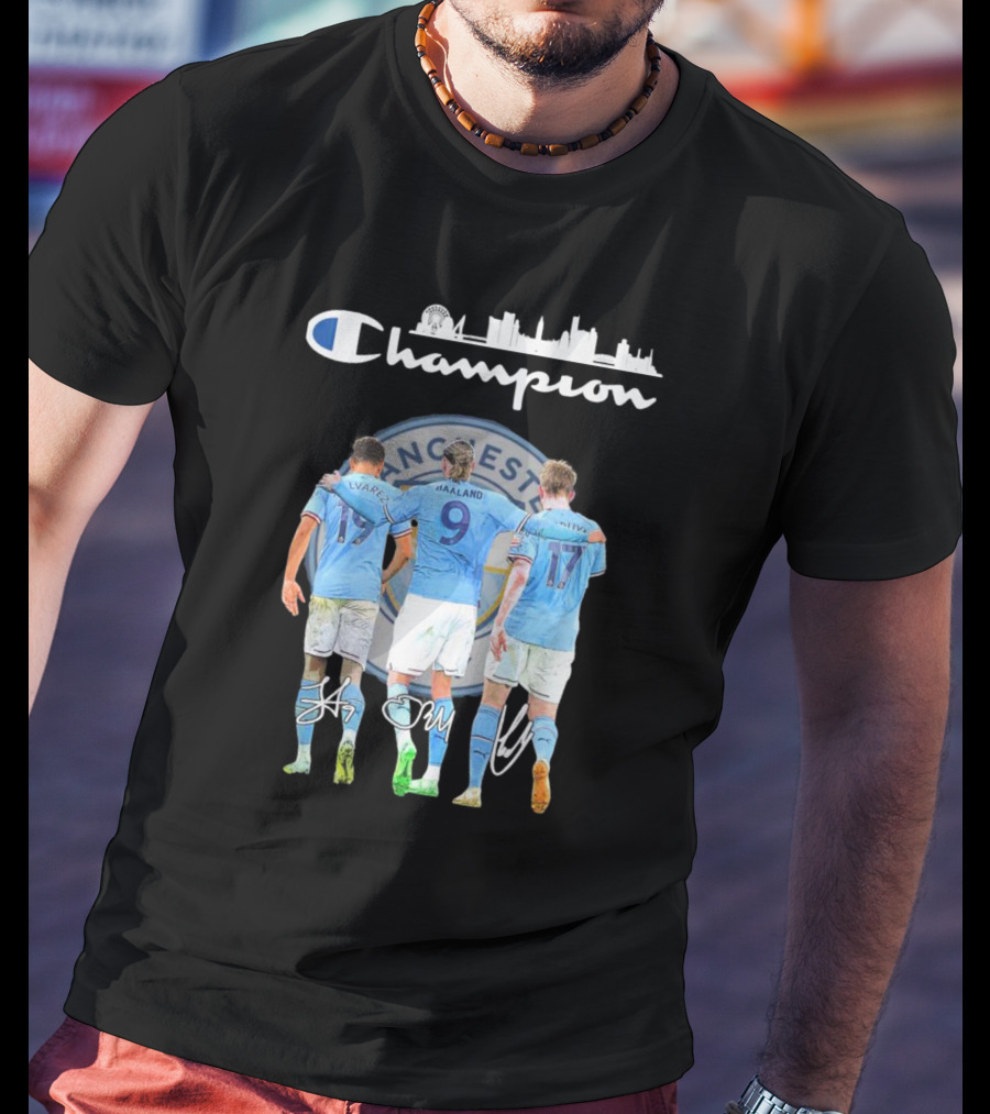 Manchester Haaland De Bruyne Alvarez Champion Football City Skyline T-Shirt