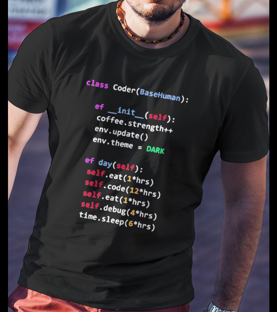 Programmerhumor Class Coder BaseHuman Init Self Coffee Strength Day Eat Code Debug Sleep Theme Dark T-Shirt