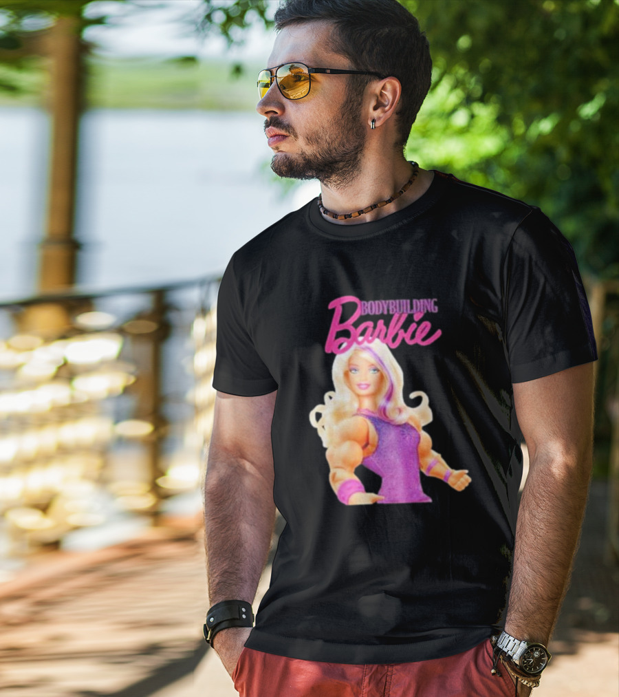 Bodybuilding Barbie Doll Strong Female Icon In Pink T-Shirt
