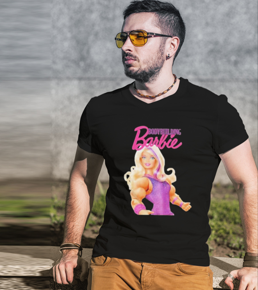 Bodybuilding Barbie Doll Strong Female Icon In Pink T-Shirt