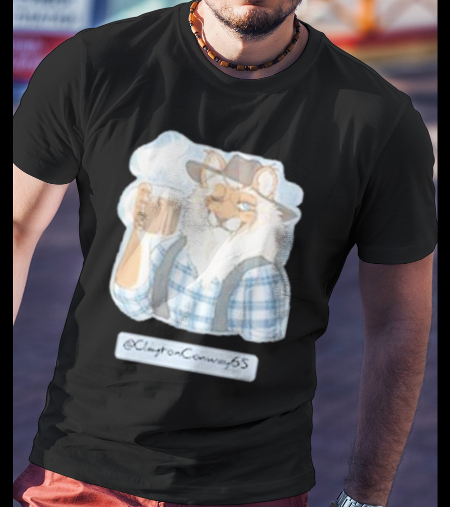 Clayton Conway 65 @ClaytonConway65 Cat In Plaid With Hat Holding Coffee T-Shirt