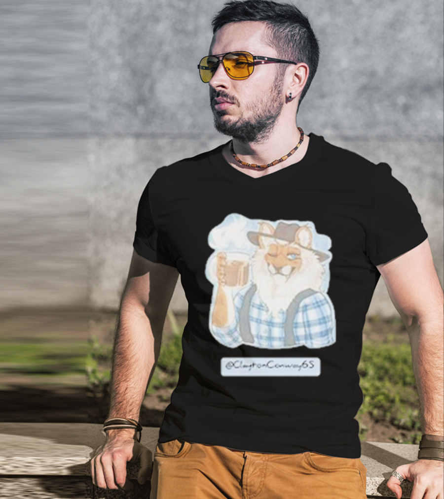 Clayton Conway 65 @ClaytonConway65 Cat In Plaid With Hat Holding Coffee T-Shirt