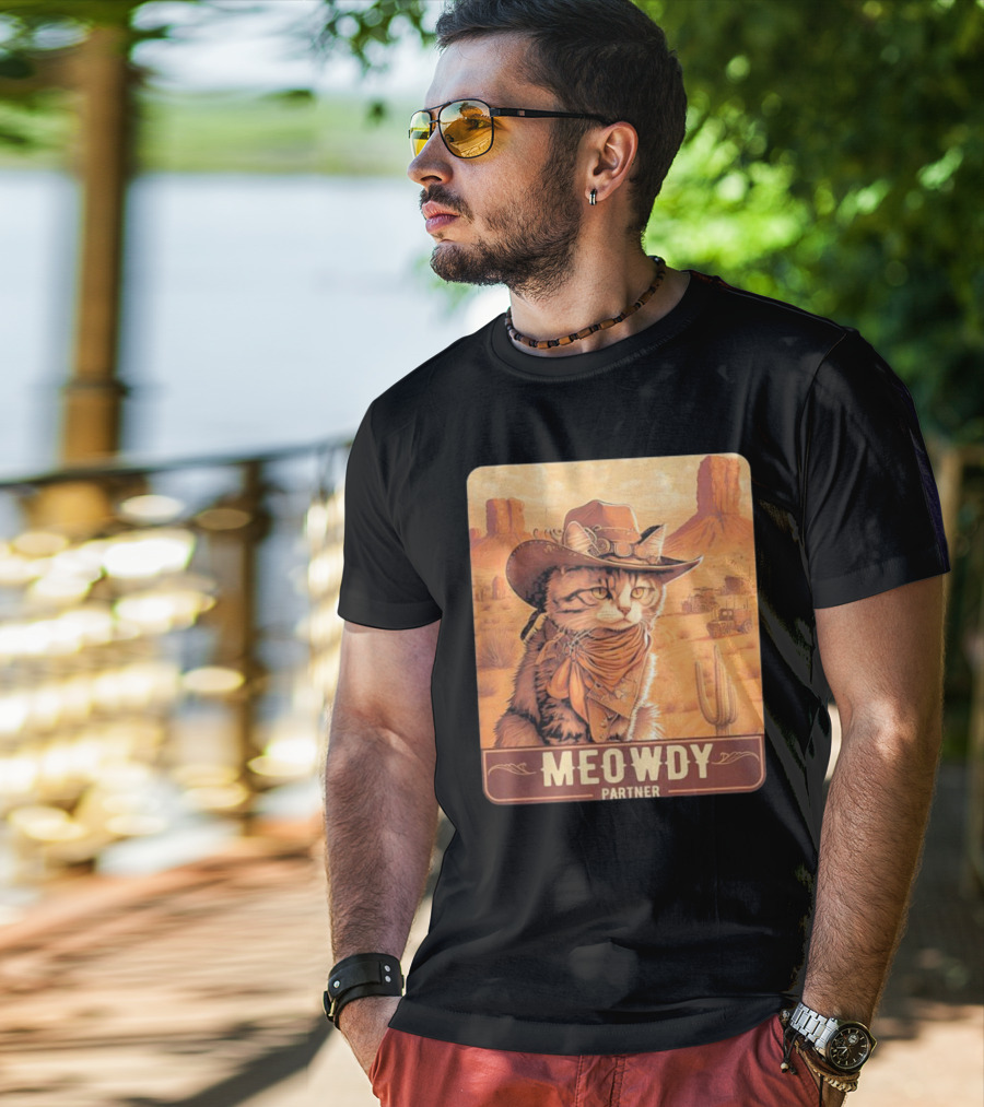 Meowdy Partner Cowboy Cat In Desert Scene With Cactus And Wagon T-Shirt