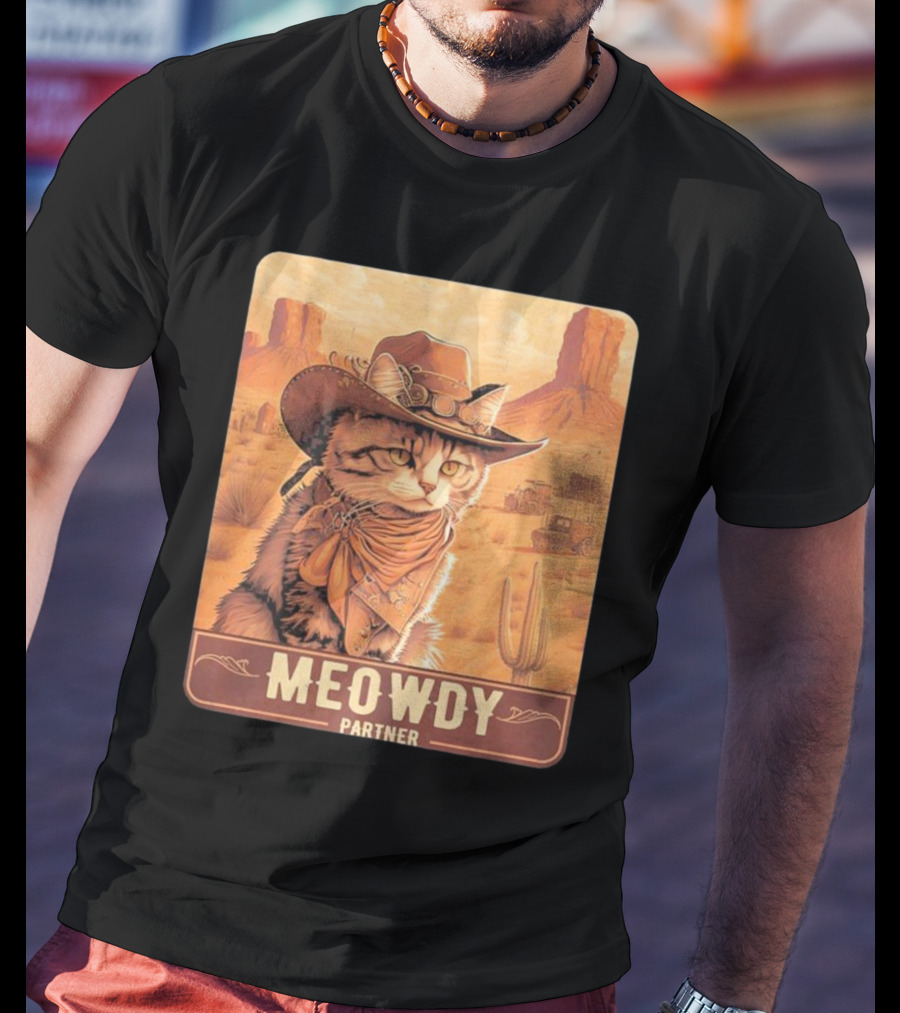 Meowdy Partner Cowboy Cat In Desert Scene With Cactus And Wagon T-Shirt