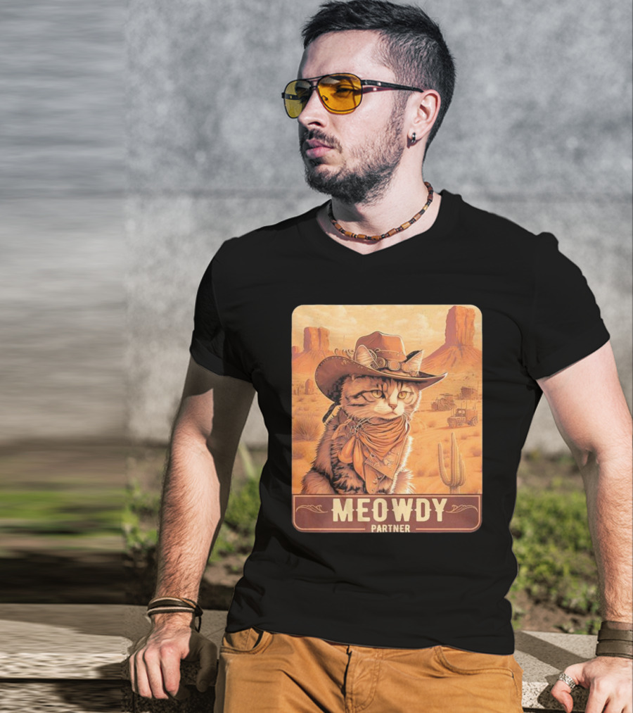 Meowdy Partner Cowboy Cat In Desert Scene With Cactus And Wagon T-Shirt