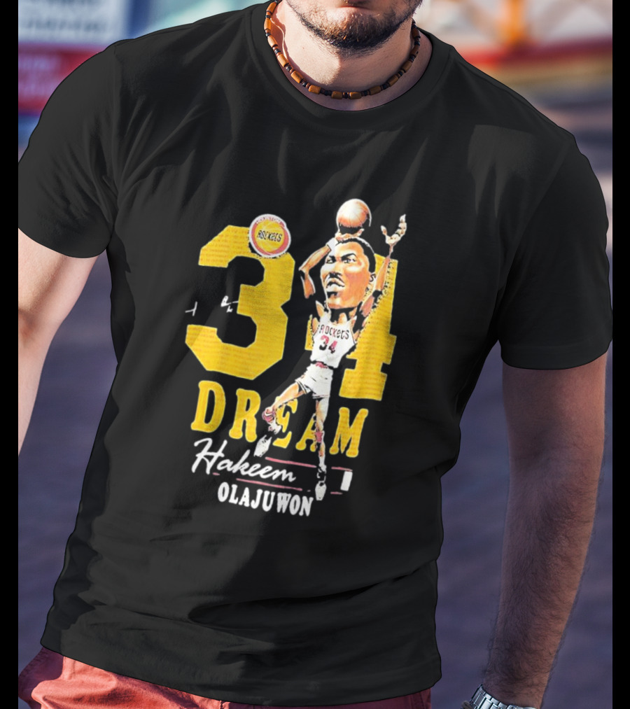Hakeem Olajuwon 34 Dream Houston Rockets Hardwood Classics Caricature Mitchell Ness T-Shirt