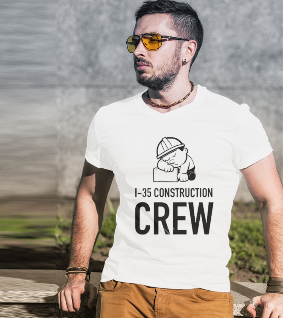 I-35 Construction Crew Cartoon Worker Sleeping On Block T-Shirt