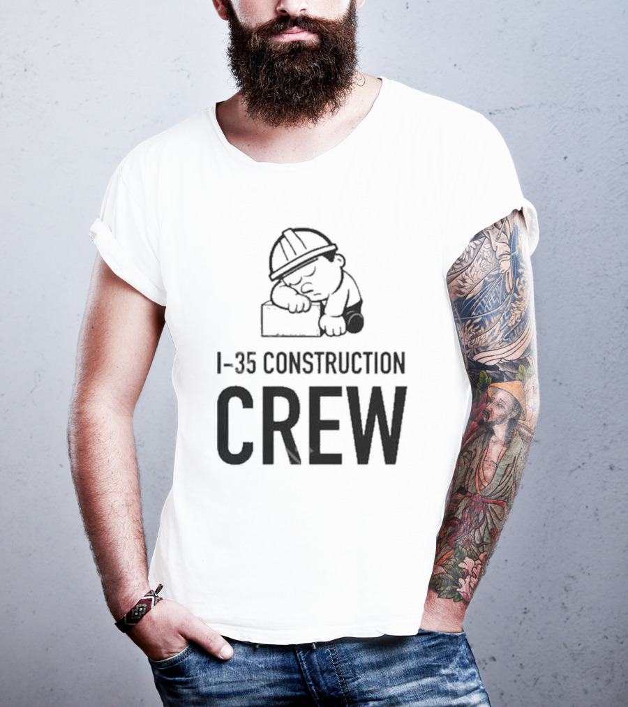 I-35 Construction Crew Cartoon Worker Sleeping On Block T-Shirt