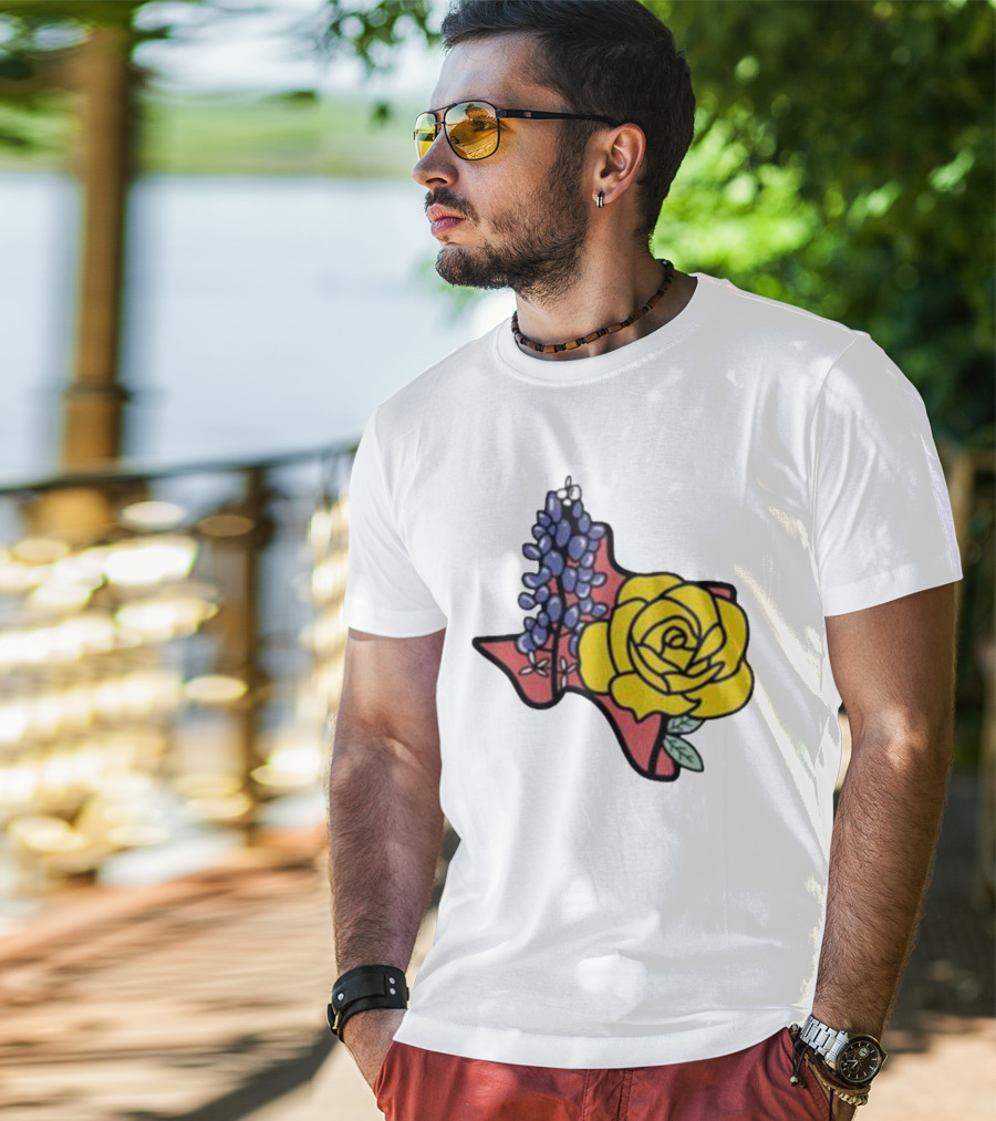 Texas Wildflower Humor Yellow Rose Bluebonnet State Outline T-Shirt