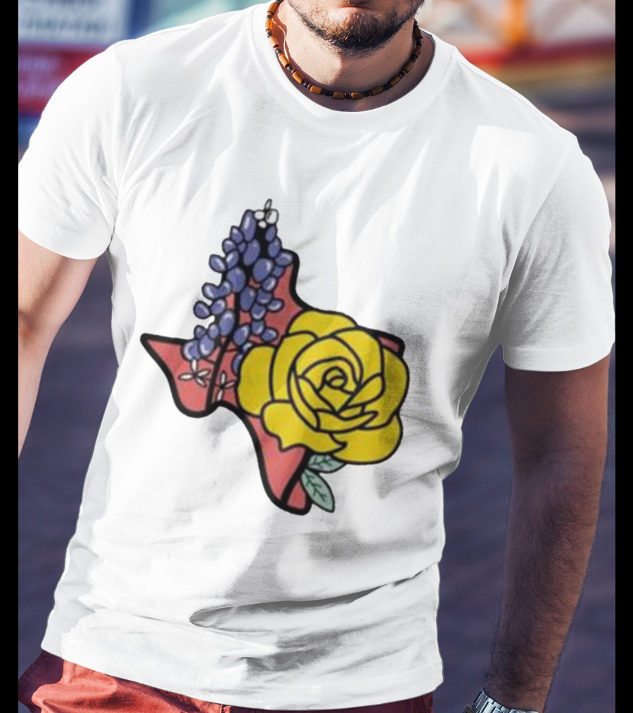 Texas Wildflower Humor Yellow Rose Bluebonnet State Outline T-Shirt