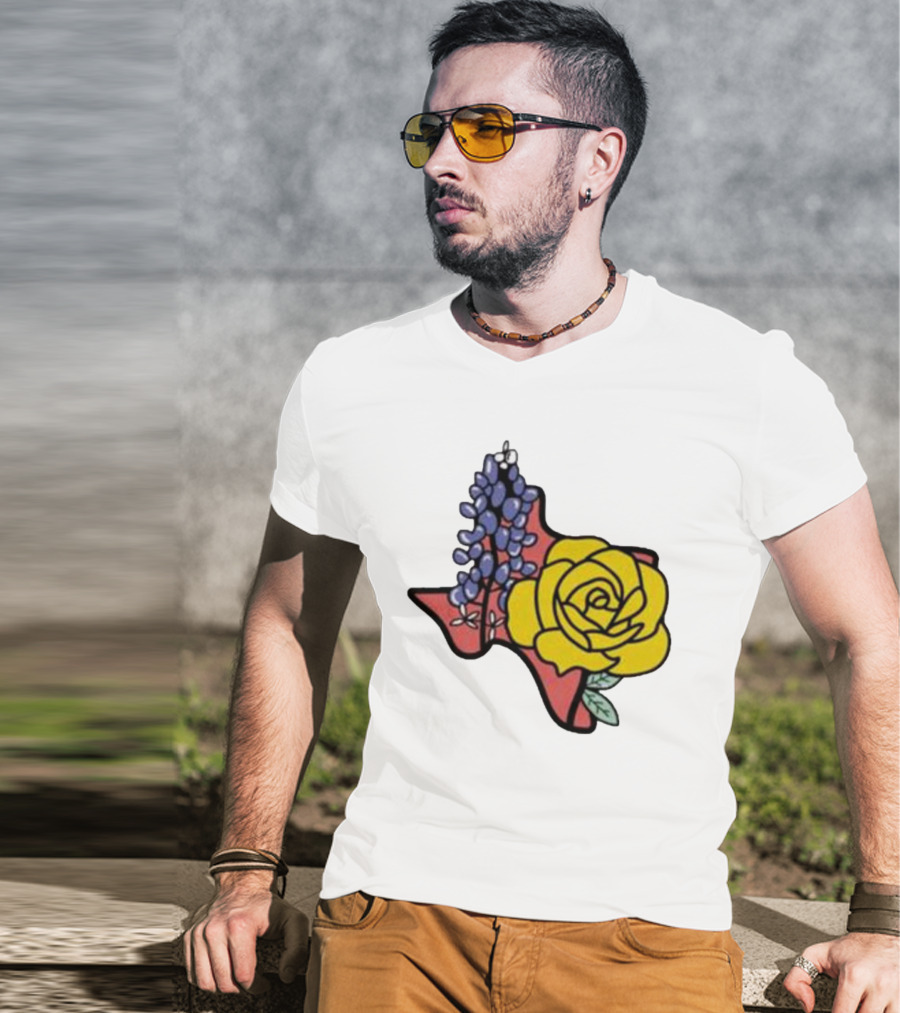 Texas Wildflower Humor Yellow Rose Bluebonnet State Outline T-Shirt