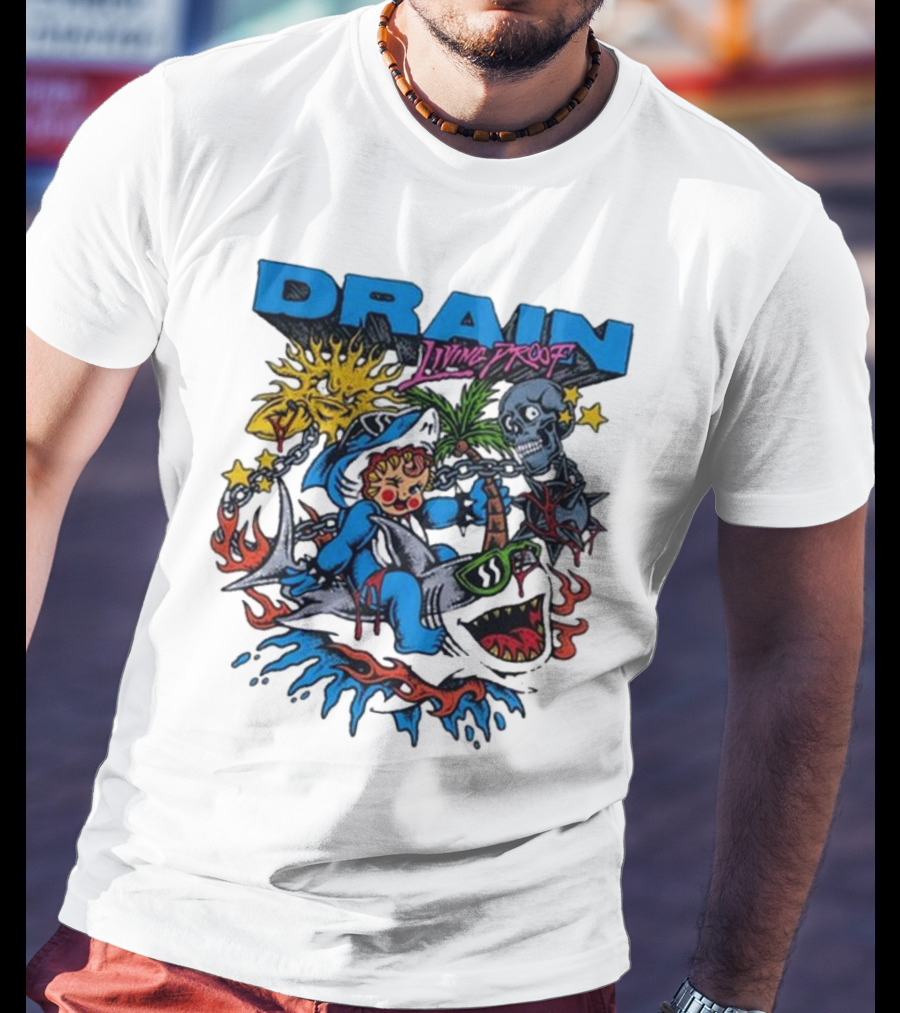 DRAIN Living Proof Chain-Wrapped Shark With Skeleton And Sunburst T-Shirt