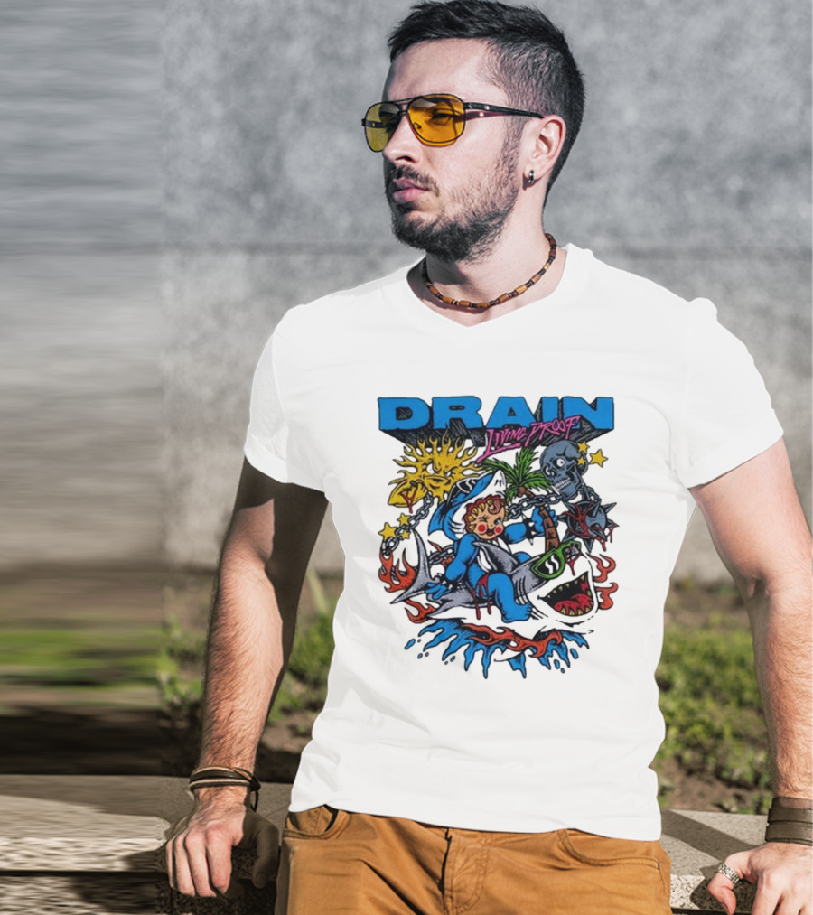 DRAIN Living Proof Chain-Wrapped Shark With Skeleton And Sunburst T-Shirt