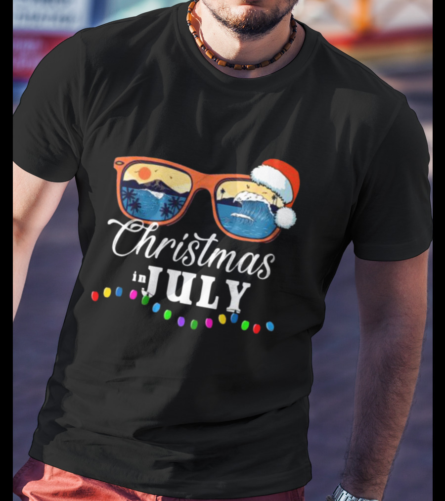 Christmas In July Santa Beach Vacation Sunglasses Holiday Lights T-Shirt