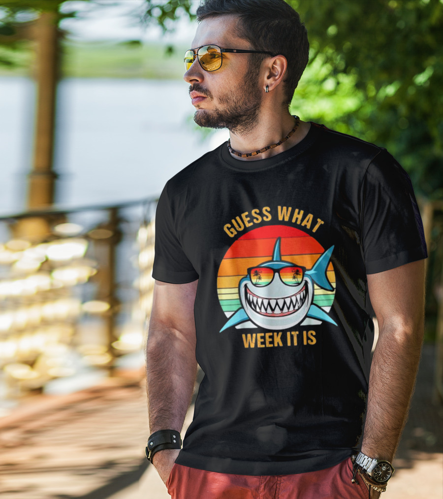 Guess What Week It Is Shark Vintage Sunset Retro Palm Trees T-Shirt